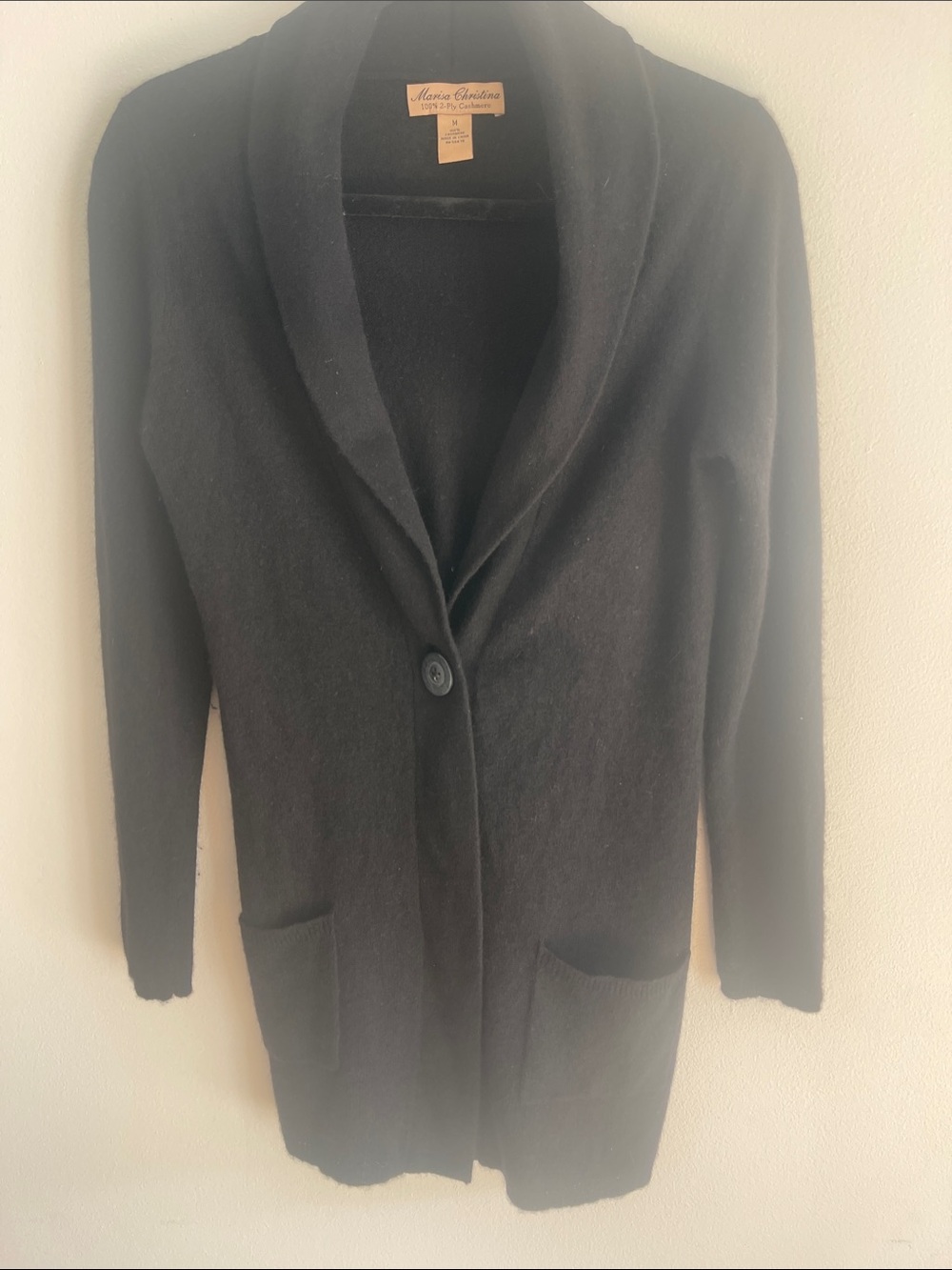 Marisa Christina 100% 2 ply Cashmere Jet Black Shawl-Collar Cardigan. One button